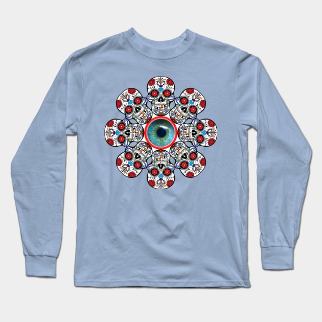 Skull and eye flower. A beautiful design made of skulls and a blue eye. Long Sleeve T-Shirt by Blue Heart Design